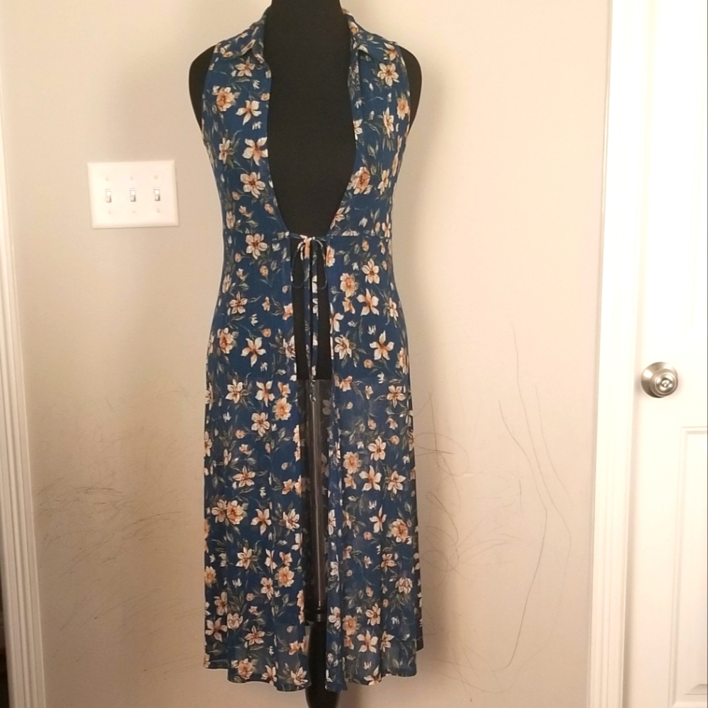 Ember Floral Teal Sleeveless Midi Kimono Cardigan Size Medium